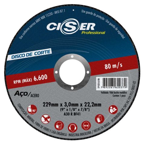 DISCO CORTE ABRASIVO ACO - PRO - 229 X 3.0 X 22,2MM - CISER
