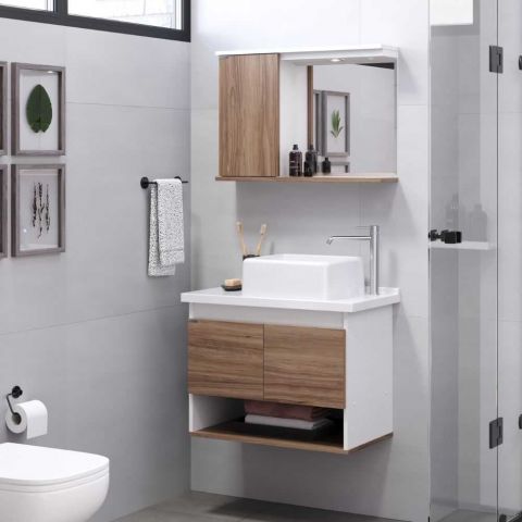 Gabinete Banheiro Kit Bergamo Pia Quinto 63cm Nogal - Rorato